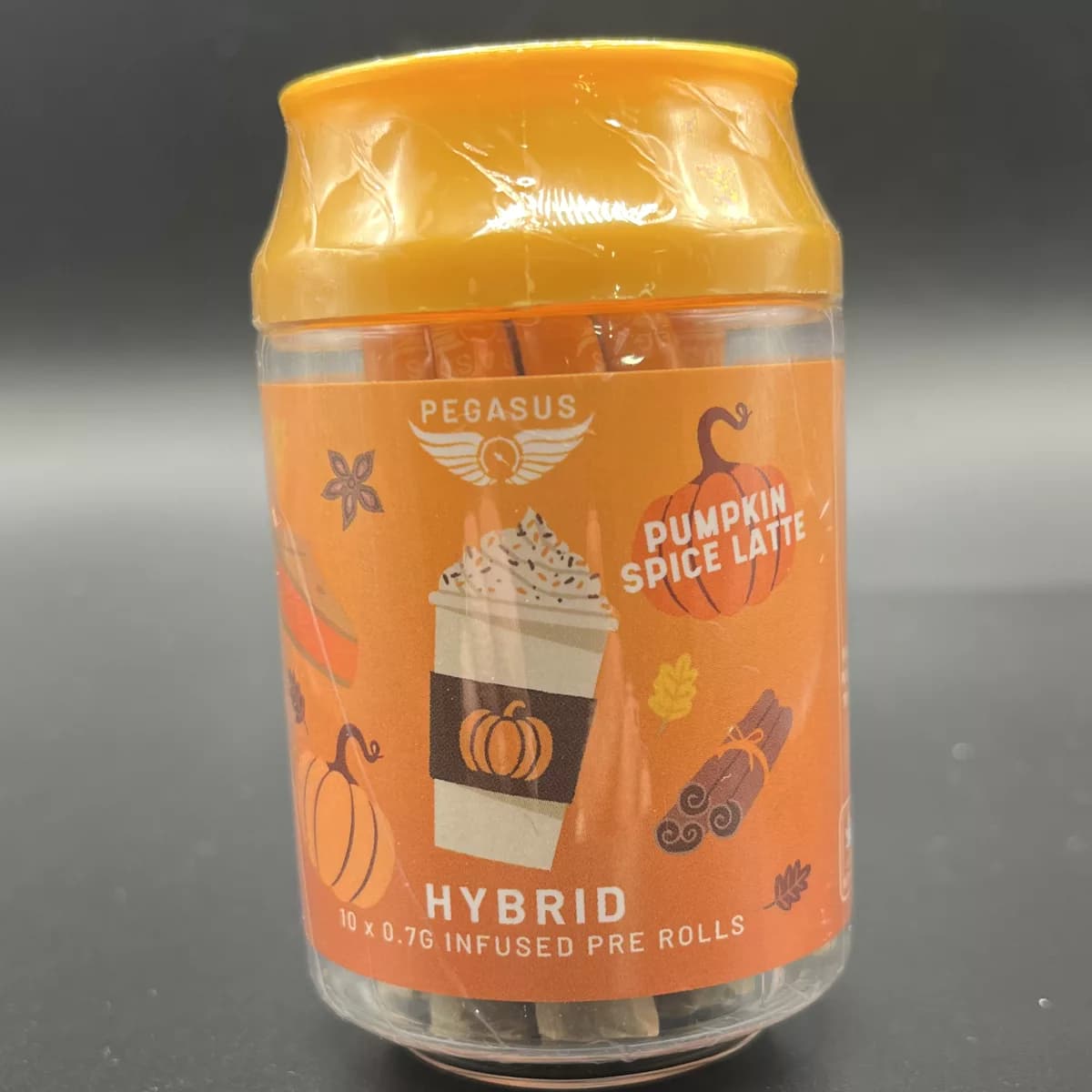 Pegasus Pumpkin Spice Latte Litty Stix — 10 x 0.7 g infused pre-rolls in a can-shaped jar